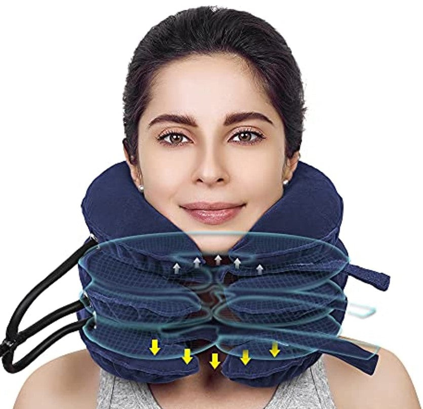 Cervical neck traction pillow in blue