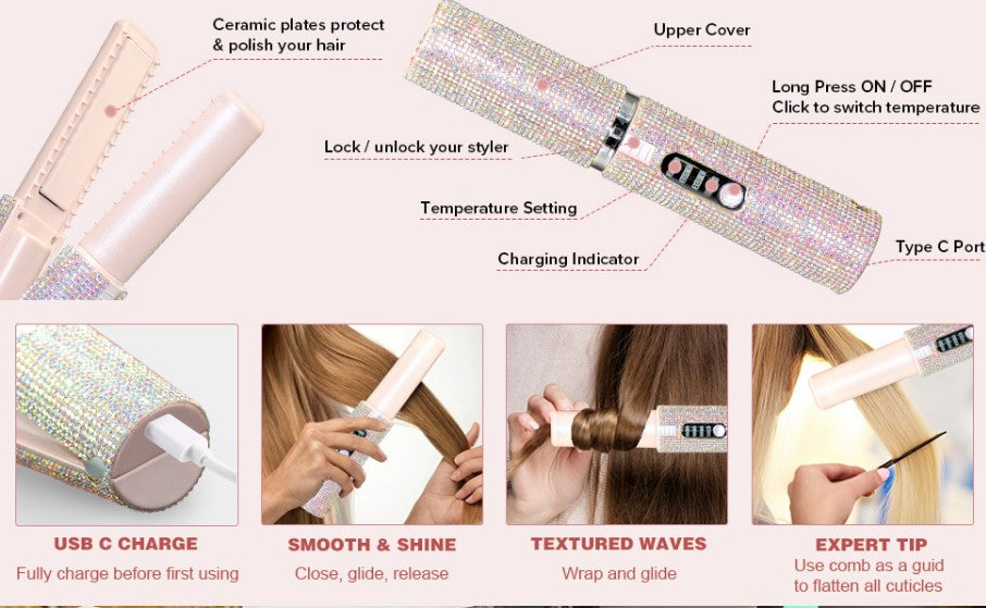 Cordless Hair Straightening Brush: USB Rechargeable 2-in-1 Straightener & Curler (Red)