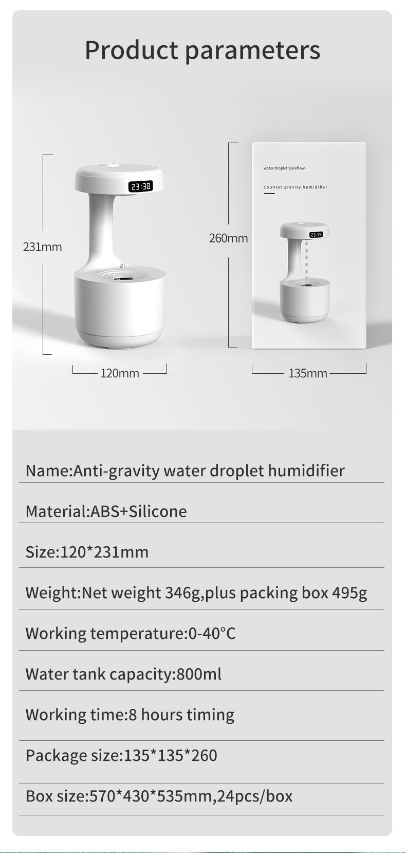 Water Drop Anti-Gravity Humidifier: 800ml USB Mist Humidifier with LED Time Display