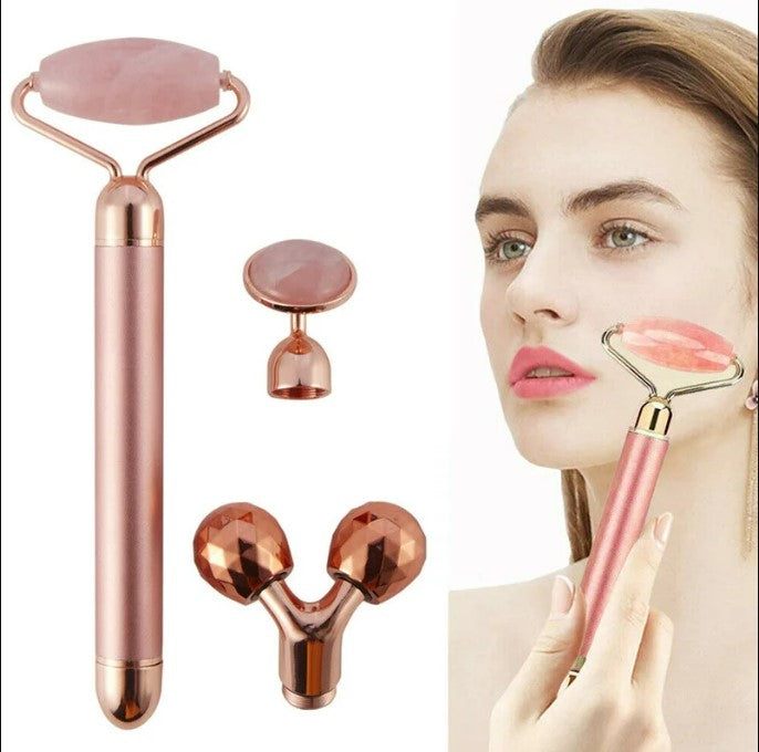 3-in-1 Electric Rose Quartz Facial Roller: Vibrating Face Massager with Negative Ions