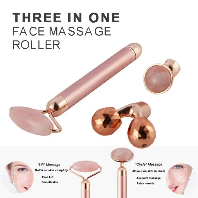 3-in-1 Electric Rose Quartz Facial Roller: Vibrating Face Massager with Negative Ions