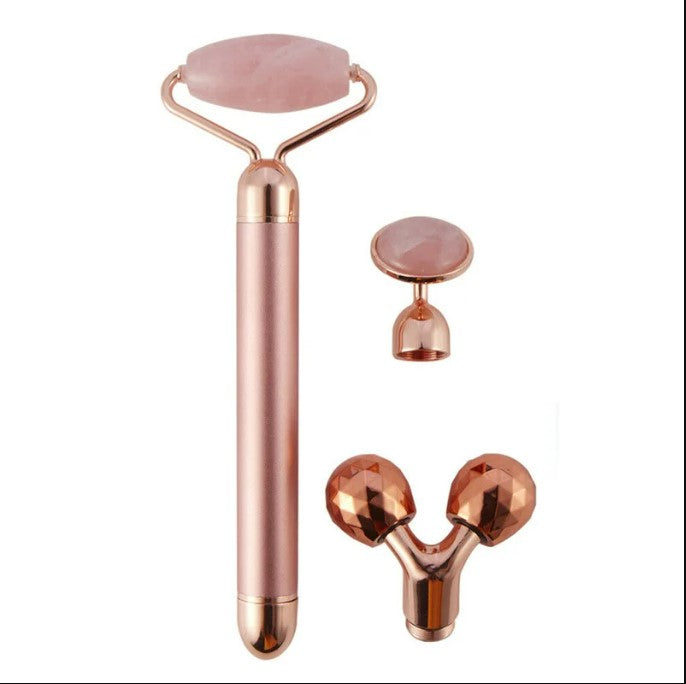 3-in-1 Electric Rose Quartz Facial Roller: Vibrating Face Massager with Negative Ions