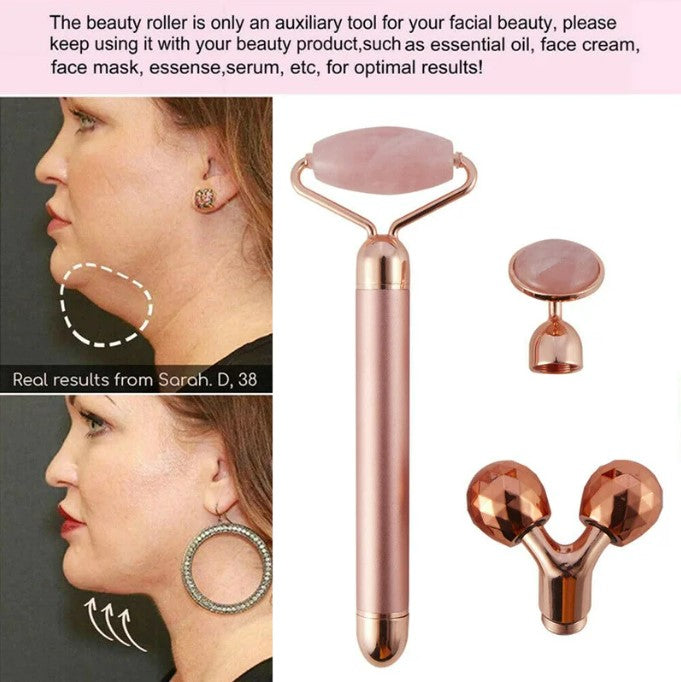 3-in-1 Electric Rose Quartz Facial Roller: Vibrating Face Massager with Negative Ions