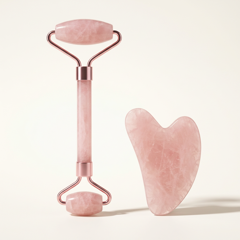 Pink double-ended facial roller and matching heart-shaped gua sha on an ivory background