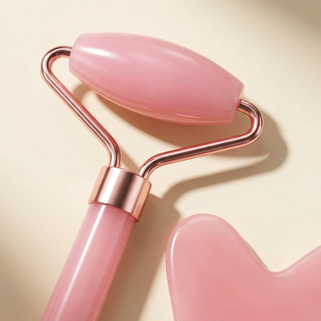 Close-up of the pink facial roller head, rose-gold frame and matching gua sha edge