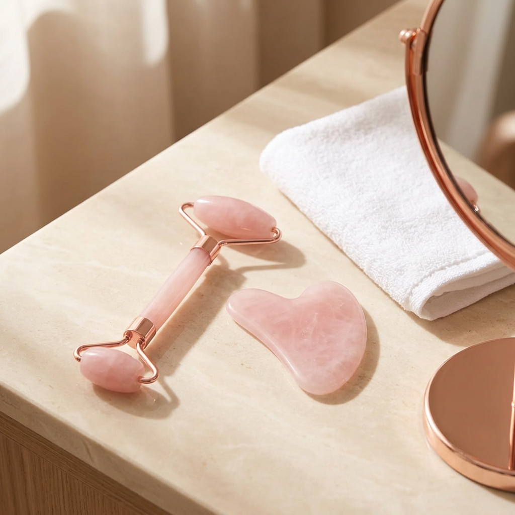 Pink facial roller and gua sha styled on a vanity beside a towel and mirror