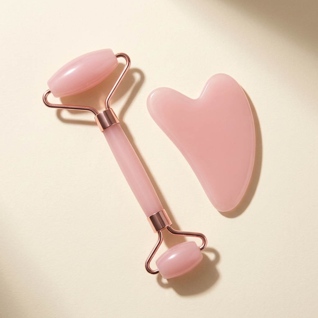 Pink double-ended facial roller and heart-shaped gua sha arranged diagonally on ivory