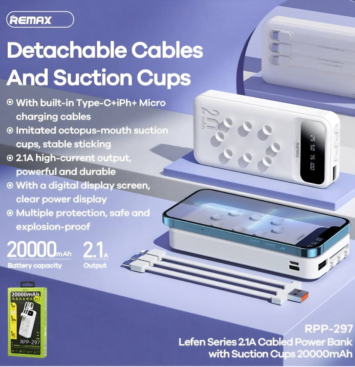 20000mAh Power Bank with Built-In 3-in-1 Cable